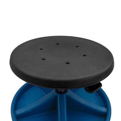 Monteringsstol/Arbetspall med säte i PU-skum, fotstöd med 5 fack, 5xØ75 hjul och höjd 350-470 mm (BLÅ)